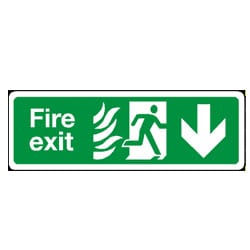 Fire Exit Man Running Right Flame and Arrow Down Sign