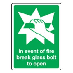 In the event of fire break glass bolt to open Sign