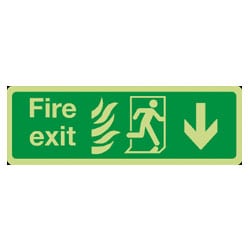 Man running right with flames and arrow down Sign (Photoluminescent)