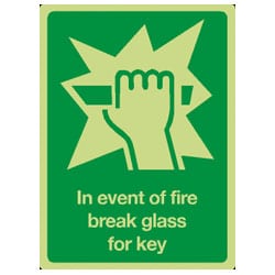 In event of fire break glass for key Sign (Photoluminescent)