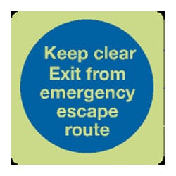 Keep Clear Exit from emergency escape route Sign - Photoluminescent